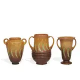 Falline two-handled earthenware vases in brown, group of three: shape numbers 649-8, 652-9 and 646-8 by Roseville Pottery, sold Apr 2022