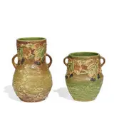Blackberry twin-handled earthenware vases, two: shape numbers 575 and 572 by Roseville Pottery, sold Apr 2022