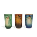 Pine Cone earthenware tumblers, shape 414-5, group of three by Roseville Pottery, sold Apr 2022
