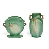 Pine Cone earthenware vases in green, two: shape numbers 845-8 and 848-9 by Roseville Pottery, sold Apr 2022