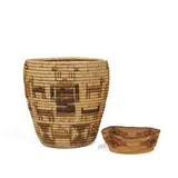 Native American, large coiled and woven floor basket with figures and animals and a small basket with geometric decoration