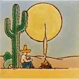 Santa Monica Brick Co., nicely detailed earthenware tile with Southwest scene of man sitting under a cactus near a fire