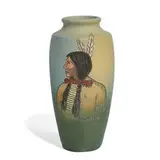 Edwin L. Pickens for Weller Pottery, Dickensware earthenware vase with the Native American portrait of Blue Hawk, shape number 113