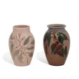 hand-thrown porcelain vases with cherry-themed decoration, special shape number, two by Loretta Holtkamp and Ruben Earl Menzel for Rookwood Pottery, sold Apr 2022