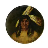 large earthenware charger with decoration of a Native American male with feathers by Leon Volkmar for Volkmar Kilns, sold Apr 2022