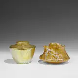 Loetz, vases, two: orange Astglas with applied vine decoration and gold Papillon, Austria