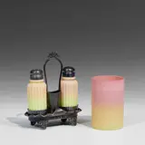 Burmese glass caster set, #31 by Rockford Silver Plate Company, sold Apr 2022