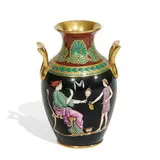 two-handled earthenware vase depicting A Lady Painting Her Face, from the Antique on one by retailed by Tiffany Copeland China & Co., sold Apr 2022