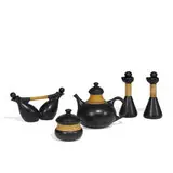 Mancioli, group of five articles: teapot, oil and vinegar lidded jars, lidded sugar bowl, another vessel, Italy