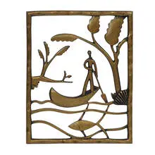 attribution Werkstätte Hagenauer, decorative plaque with a gondolier on a stream between trees and a fish swimming below