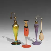 DeVilbiss, perfume bottles, three: two atomizers and one stopper form purple