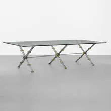 John Vesey, custom dining table, c. 1970, stainless steel, brass, glass