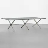 John Vesey, custom dining table, c. 1970, stainless steel, brass, glass