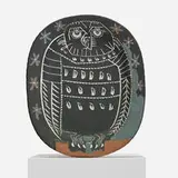 Pablo Picasso, Mat Owl Platter, 1955, glazed white earthenware with knife-engraving and engobe decoration