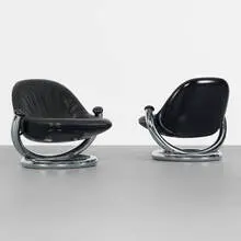 Paul Tuttle, Anaconda lounge chairs, pair, 1971, chrome-plated steel, leather, lacquered fiberglass