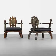 lounge chairs, pair by Ettore Zaccari, carved oak, silk, sold Apr 2013