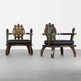 Ettore Zaccari, lounge chairs, pair, carved oak, silk