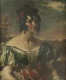 Eugenio Lucas Villaamil, Untitled, IN A GREEN AND RED DRESS Oil on panel 34 x 27cm