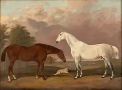 Thomas Walker Bretland, Chestnut and White Horses with Dog in a Landscape, oil on canvas