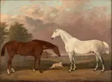 Thomas Walker Bretland, Chestnut and White Horses with Dog in a Landscape, oil on canvas