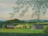 Pasquale, Rural Farm Scene. Depicting barns and a house on a rolling landscape, in a modern frame., Reverse painting on glass