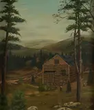 Pasquale, Hunter's Retreat. Depicting a log cabin in the woods with a mountainous background, in modern gilt gesso frame, (no obvious retouch)., Oil on board