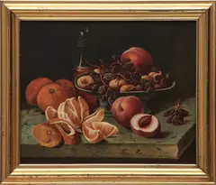 American School, Still Life with Fruit. The fruit arranged in a bowl and on a marble tabletop, the back with stenciled mark of Milwaukee, Wisconsin, canvas dealer Thomas P. Collingbourne (1825-97), in a gilt molded frame, (minor retouch)., Oil on canvas