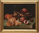Still Life with Fruit. The fruit arranged in a bowl and on a marble tabletop, the back with stenciled mark of Milwaukee, Wisconsin, canvas dealer Thomas P. Collingbourne (1825-97), in a gilt molded frame, (minor retouch). by American School, Oil on canvas, offered May 2023