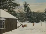 Pasquale, Sawing Wood. Depicting a man sawing a log next to a barn in the winter, in a molded wood frame, (few spots of paint loss)., Oil on canvas