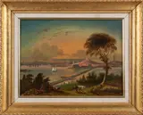 American School, Sunset View of Boston Harbor. Depicting Dorchester Heights, Massachusetts State House, and Bunker Hill Monument from William's Island, East Boston, framed., Oil on canvas