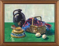 Still Life with Basket by Anne Cary Bradley, oil on board, offered Aug 2023