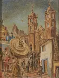 Julio Prieto Nespereira, Surrealist Colonial Scene, oil on board
