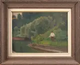 Fly Fishing by American School, oil on board, sold Aug 2023