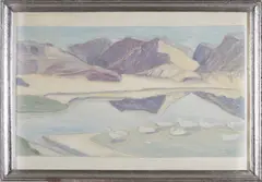 Birger Birger-Ericson, Landscape with Birds and Mountains, oil on Masonite board