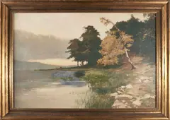 John Gleich, Landscape with Lake, collotype with hand-coloring