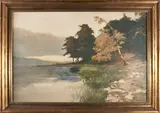 John Gleich, Landscape with Lake, collotype with hand-coloring