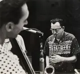William Claxton, Lennie Niehaus,, Gelatin silver print (ferrotyped); titled in grease pencil and with the photographer's studio stamp on the verso