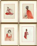 Continental School, Set of Four Costume Drawings, unsigned graphite and watercolor on paper