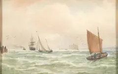 George Stanfield Walters, Three Boats at Sea, watercolor on paper