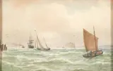 George Stanfield Walters, Three Boats at Sea, watercolor on paper