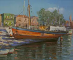 Cape Ann School, Boat in Harbor, oil on board