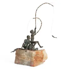 Two Boys Fishing by Curtis Jeré, Bronze with golden brown patina mounted to a rough-hewn stone, sold Aug 2023
