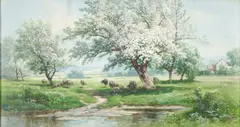 Carl Weber, Sheep Grazing in Orchard, watercolor on paper