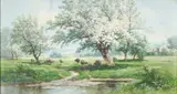 Carl Weber, Sheep Grazing in Orchard, watercolor on paper