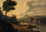 Edmund C. Coates, Peasant Couple on the Shore of a Fanciful Landscape with Castles and Distant Mountains, oil on canvas (unstretched)