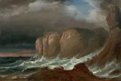 Peder Balke, Cliffs by the Coast of Northern Norway. Mitte der 1840er-Jahre, Öl auf Leinwand. 34,3 cm × 50,3 cm (13 ½ in. × 19 ¾ in.)