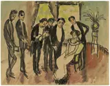 August Macke, Lustspielszene, 1911, Aquarell, Tuschpinsel und -feder auf Papier (aus einem Skizzenblock)