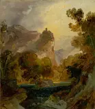 Carl Blechen, Ansicht eines Flußtals im Gebirge mit einer Burg auf hohem Felsen“. Vor 1822