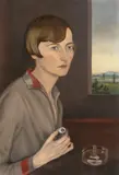 Monogrammist Hb., Frau mit Glasauge in der rechten Hand, 1929, Öl auf Holz