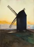 Lesser Ury, Bockwindmühle vor Sonnenuntergang, 1903, Pastell auf Pappe